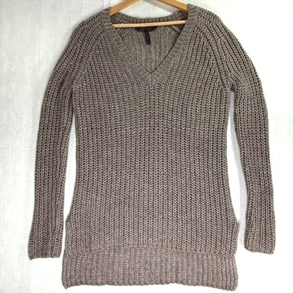 BCBGMAXAZRIA Emmy Sweater Women S Grey Dusk V-Neck Chunky Knit Wool/Cotton Blend